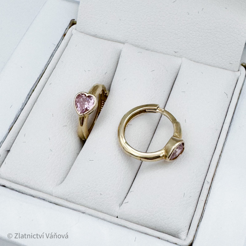 Žluté zlato náušnice růžové SRDCE